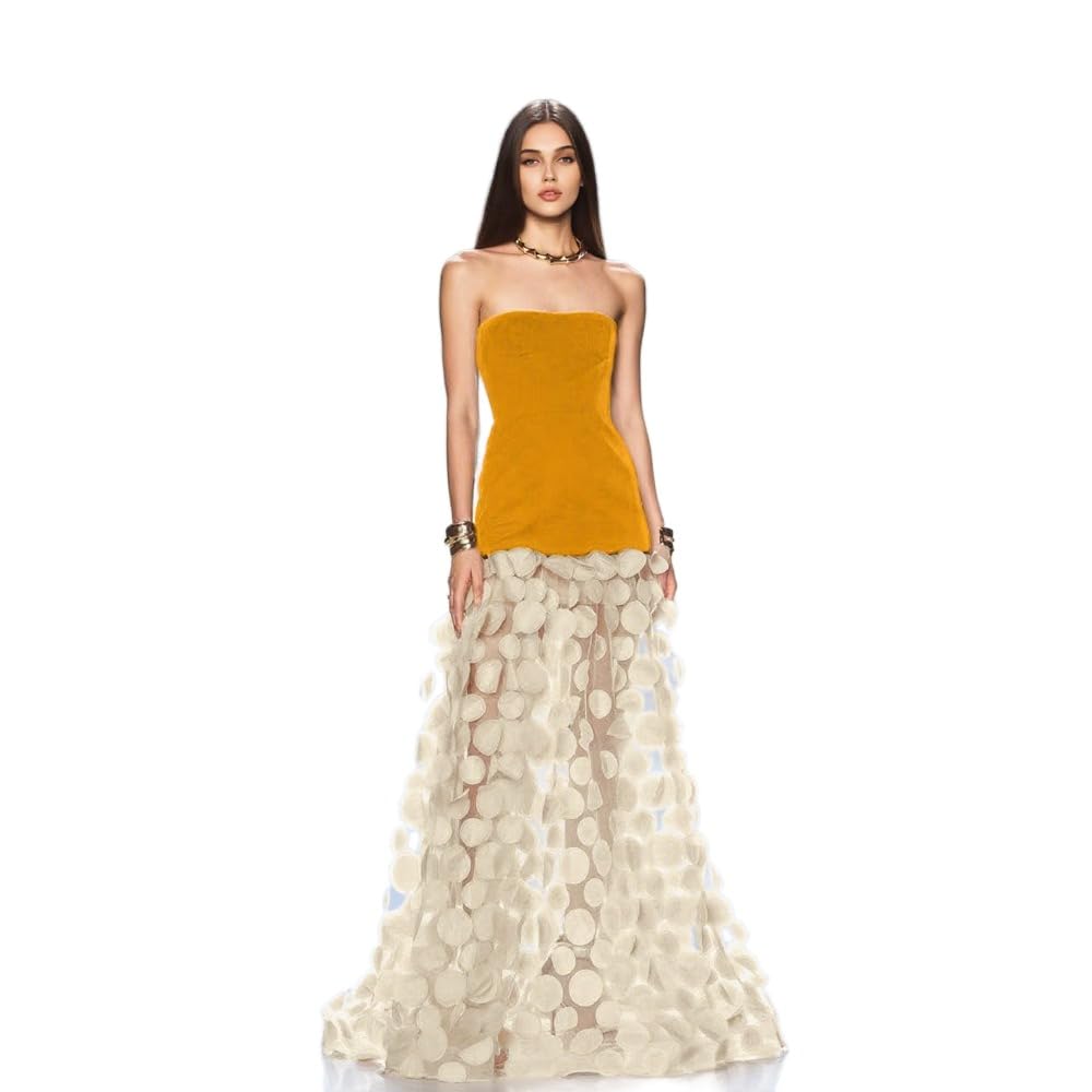 Women's Evening Gown Strapless Fitted Patchwork Polka Dot Mesh A-line Long Dress Simple & Elegant for Daily Outing Travel Wedding Party Cocktail Reception Dinners