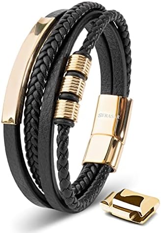 SERASAR Premium Lederarmband für Männer | Magnetverschluss aus Edelstahl in Schwarz, Silber & Gold | Inklusive Schmuckschachtel | Tolle Geschenkidee