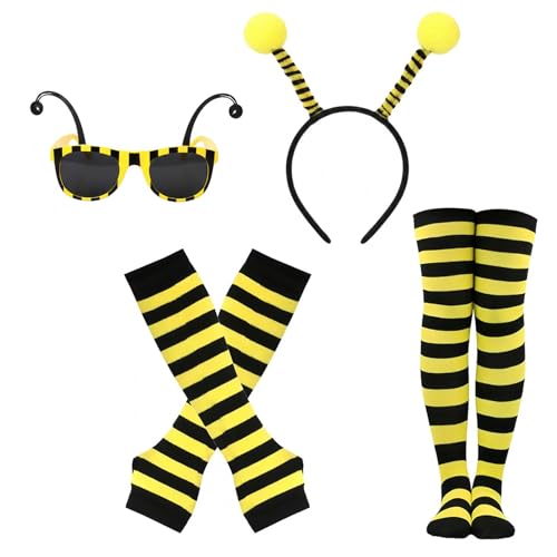 Déguisement Abeille Adulte, Deguisement Abeille Femme, Déguisement Femme Carnaval, avec Antenne Bandeau, Gants à Rayures, Chaussettes de Jambe, Lunettes, Costume d'Abeille pour Carnaval Cosplay