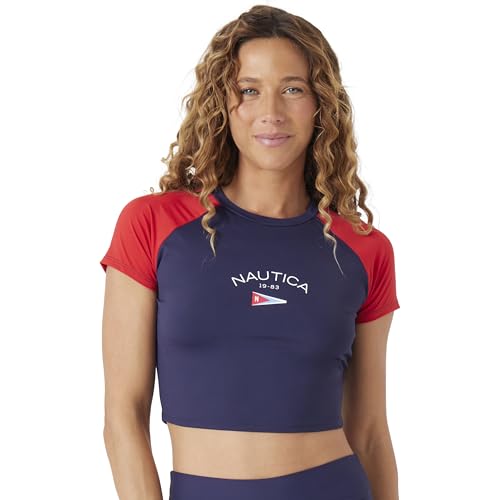 Nautica Women's Cropped Rashguard – Quick-Dry, UPF+, Swim Shirt, Pool, Beach, Hiking, Yoga, Volleyball