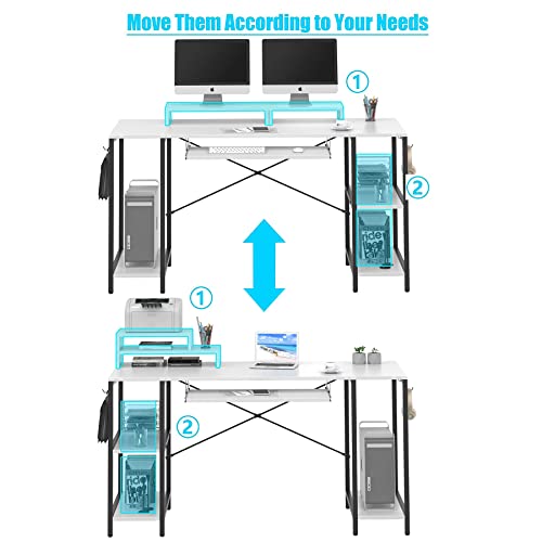 White Desk With Keyboard Tray, 55 Inch Desk With Storage Shelves Modern Computer Desks For Home Office Study Desk With Monitor Shelf Industrial Pc Desk Studio Desk With Iron Hooks, Easy To Assemble #TOP4