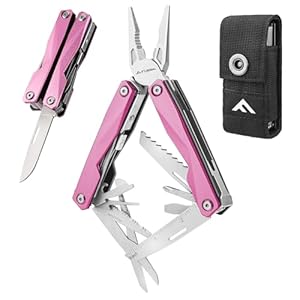 FLISSA Multitool, 16-in-1 Pink Stainless Steel Multi Tool, EDC Multitool with Pocket Knife, Screwdriver, Pliers, Safety Locking and Sheath, Utility Multi-Tool for Camping Survival Outdoor Activities