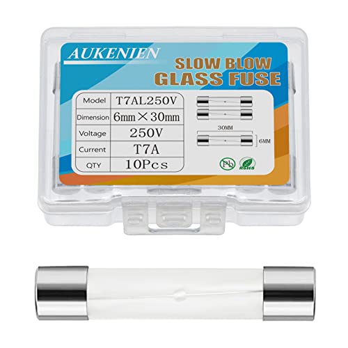 Image of AUKENIEN T 7A 250V Slow Blow Glass Fuses T7AL T7AL250V 6x30 MM 7 Amp 250 Volt Cartridge Tube Time Delay Fuse, Multiple Values of Glass Fuse Optional (Pack of 10)