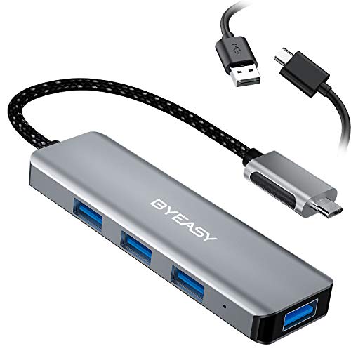 BYEASY USB C to USB Hub 4 Ports, Aluminum USB-C [Thunderbolt 3] to USB 3.0 Hub with Micro USB Power Cable, USB 3.1 Gen1 Hub with Braided OTG Cord for MacBook Pro, Air, iPad Pro, Samsung Note 10 S9