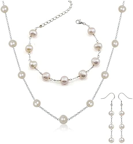 JFUME Mothers Day Gift 925 Sterling Silver Freshwater Pearl Necklace Bracelet Earrings White Cultured Pearl Sets for Women
