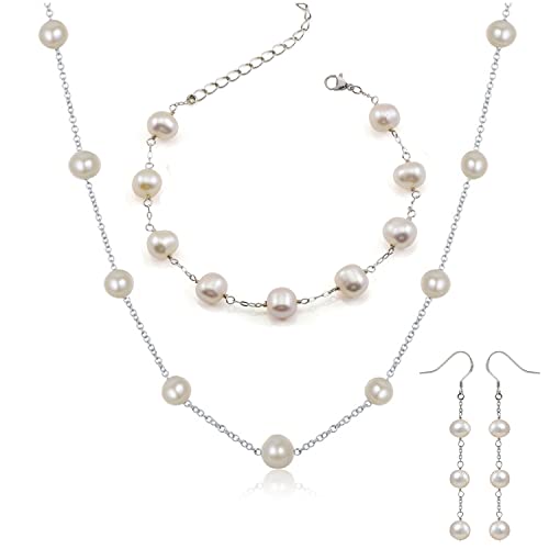 Jfume Mothers Day Gift 925 Sterling Silver Freshwater Pearl Necklace Bracelet Earrings White Cultured Pearl Sets For Women #TOP29
