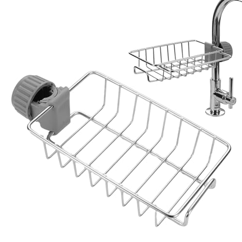 MAXQUU 1 estante de almacenamiento para grifo, estante de almacenamiento para fregadero de cocina, estante de drenaje de esponja, estante de almacenamiento de baño (plata)
