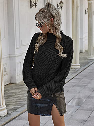 Makemechic Women's Casual Ribbed Knit Long Sleeve Mock Neck Sweater Pullover Top Black S #TOP3