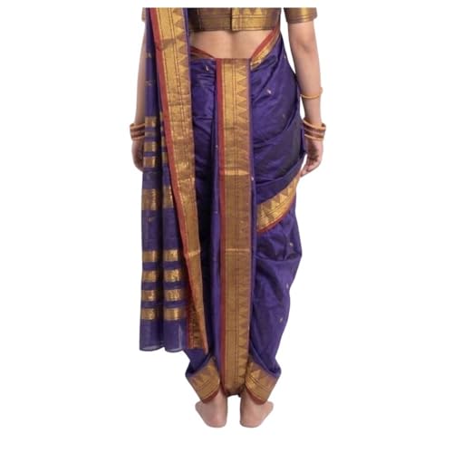 Image of Mom and Me Women Ready to Wear Nauvari Saree, Maharashtrian Peshwai Paithani, 9 Yard Readymade, Acrylic Cotton, Free Size, Traditional Ethnic Saree, with Blouse Piece