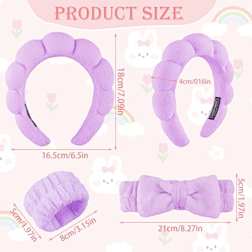YUXIANLB Spa Headband for Washing Face Skincare Headbands for Women Makeup Terry Cloth Towel Hairband for Skincare Sponge Puffy Make Up Hair Band for Women Face Washing Wristband Set (Purple) - Image 2