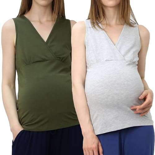 OCCIENTEC Camiseta sin Mangas de Maternidad de Algodón Pack de 2 Camisetas de Tirantes de Lactancia Básica Verde y Gris,XL