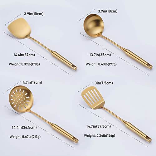 Gold Kitchen Utensils Set, 8 Pcs 304 Stainless Steel All Metal Cooking Tools - Spatula, Soup Ladle, Skimmer, Slotted Spatula, Spaghetti Server, Large Spoon, Small Ladle Spoon Colander Set For Hotpot #TOP1