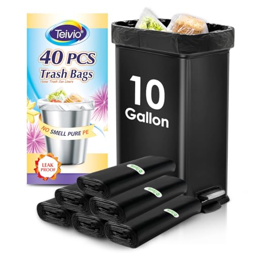 Teivio Medium Black Trash Bags 10 Gallon 40 Count Kitchen Garbage Bags