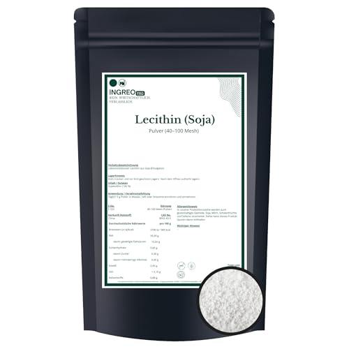 500 g | Soja Lecithin Pulver E322 | Emulgator Stabilisator | 40100 Mesh | 100% rein vegan gentechnikfrei | Lebensmittelqualität | Backen Getränke Supplemente | Rohstoff | INGREO