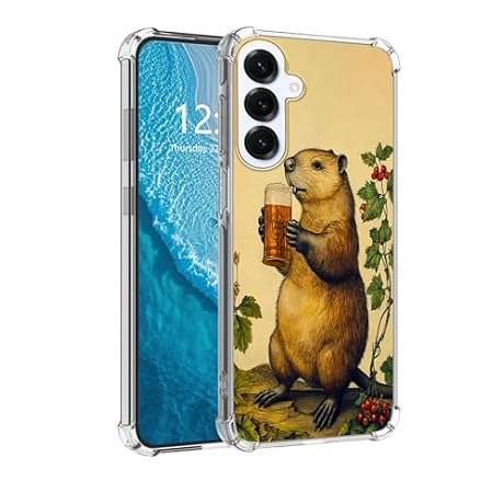 DISUOFEART for Samsung Galaxy S25 FE Case with Pattern Design, Beaver Drinking Beer Anti-Scratch Transparent Hard Back Phone Cover, Clear Slim Shockproof Military-Grade Protection