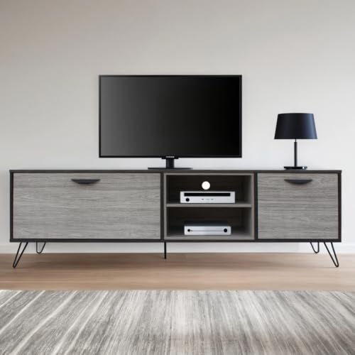 Image of Flux Engineered Wood TV Cabinet & Entertainment Unit | Modern TV Stand with 2 Storage Cabinets & Open Media Shelves | Media Console for Living Room | Hairpin Legs | Grey & Charcoal Finish