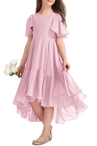 Haloumoning Girls' Summer Dress, V-Neck Ruffle Dresses, Casual A Line Flowy High Low Long Party Dress,Elegant Birthday Evening Dress, Pink, 160 cm