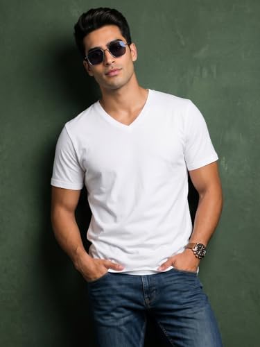 Veirdo Men's Regular Fit Cotton V-Neck T-Shirt (White) - Image 3