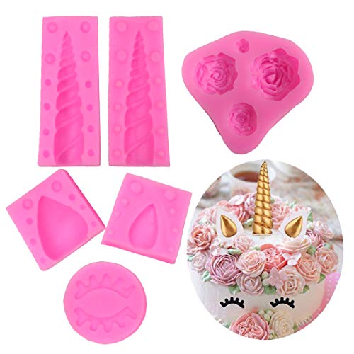 Unicorn Mold, Silicone Unicorn Horn Ears Flower Eyelash and Rainbow Cake Topper Set