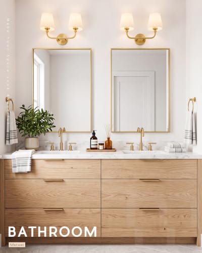Image of 2-Light Brushed Gold Bathroom Vanity Light, Pleated Fabric Shade