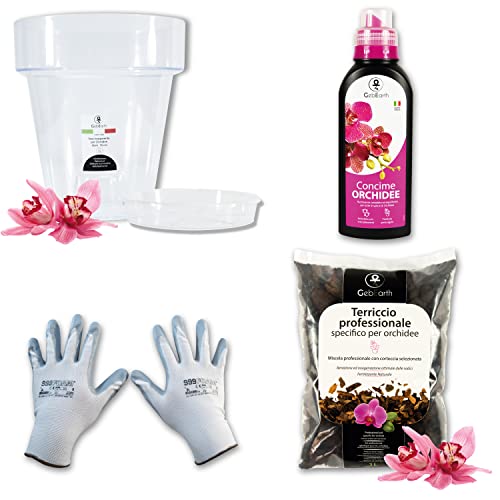 GebEarth® | Kit Rinvaso Orchidee Completo – Vaso Trasparente Ø16 cm con Sottovaso, Terriccio Specifico, Concime Liquido e Guanti.