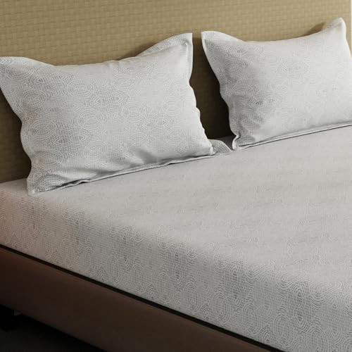 Image of Layers 100% Cotton Fitted Sheet for King Size Bed | Lumina Floret Collection | 144 TC Soft & Breathable | Geometric with 2 Pillow Covers | Wrinkle Free & Colorfast | 3 Pc Bedding Set - Grey