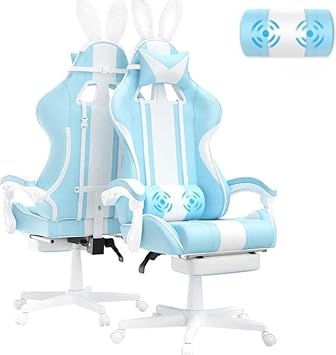 Light Blue Gaming Chair with Bunny Ears, Cute Gamer Chair with Footrest and Massage, Racing Reclining Leather Chair,
