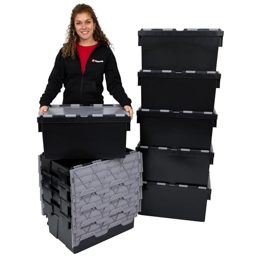 Image of Pack of 10 - Plastic 55 Litre Heavy Duty Storage Box Tote Crates (60 x 40 x 30.6cm) Plastor Eco Black with Grey Attached Hinged Lids
