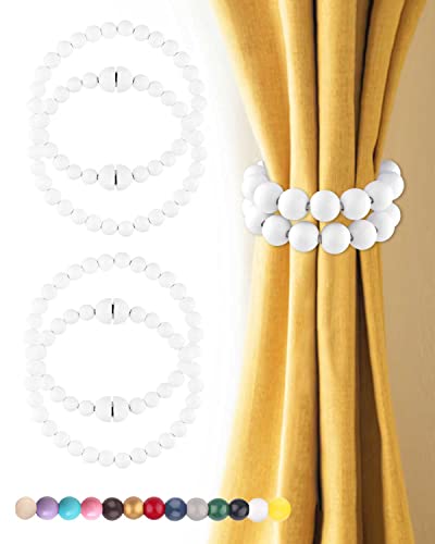 Magnetic Curtain Tiebacks White 4 Pack: Strong Magnets Closure, Boho Curtain Tiebacks Holders Wood Bead Curtain PullBacks Magnetic Curtain Tie Backs for Drapes Boho Farmhouse Home Office Nursery Decor
