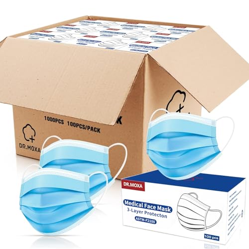 DR.MOXA 1000 Pack Disposable Medical Face Masks, 3-ply, blue