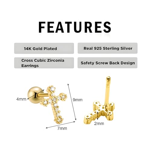 Gold Cross Earrings 14K Real Gold Filled Plated Trendy Dainty Cute Cubic Zirconia Screw Back Nickel Free Small Stud Earrings for Women Men3