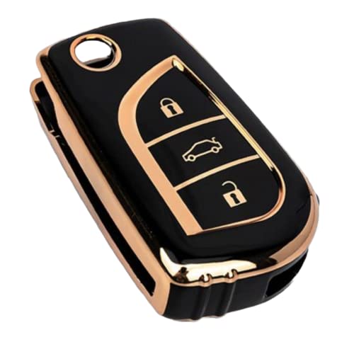 Image of TPU Car Key Cover Black & Golden Compatible for Toyota Innova Crysta, Corolla Altis (Toyota, 3 Button Flip Key)