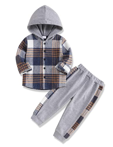 Image of Fuermos Toddler Baby Boys Clothes Flannel Lattice Button Down Hooded Tops +Pants Boys Fall Winter Outfits