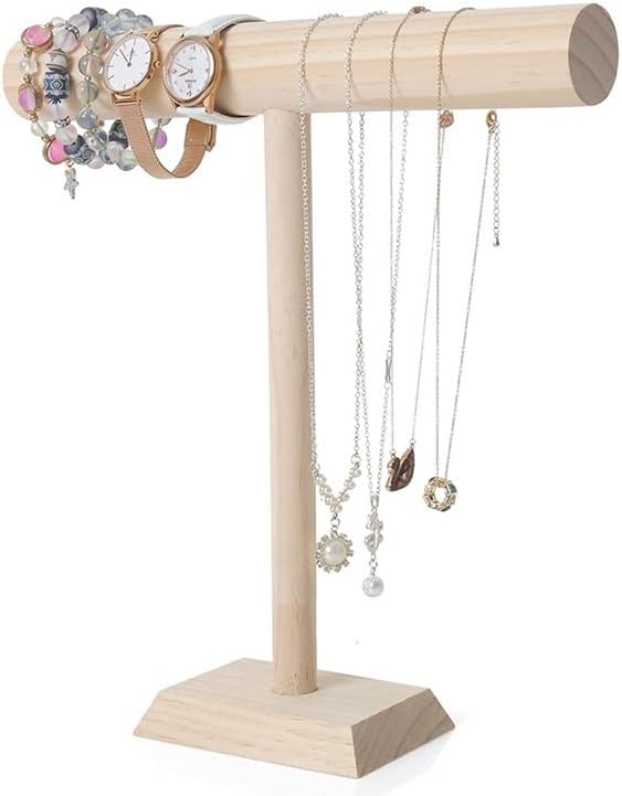 Portable Hard Wooden Bracelet Chain T-Bar Rack Jewelry Display Stand For Bangle Watch Necklace Holder Showcase(Small)