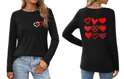 Valentines Outfits for Women Plus Size Love Heart Shirts Long Sleeve Valentine Tee Tops Clothes for Teen Girls, Black 1, 4XL