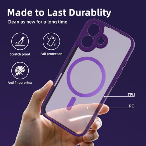 K TOMOTO Magnetic Case Compatible with iPhone 16 Translucent Matte Phone Case with Camera Lens Guard, Rugged Protective Cover 6.1-Inch, Purple — view 4