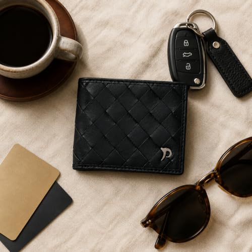 Image of Genuine Leather Wallet for Men with RFID Protection, Handwoven Slim Bifold Money Wallet, 3 Card Slots, Coin Pocket, Dual Note Compartments, Compact Wallet for Office, Travel & Daily Use