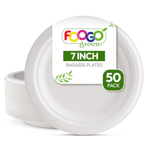 FOOGO Green 50 Platos Desechables de Fibra de Caña de Azúcar, 18 cm, para Postres y Entrantes, Biodegradables, Compostables, Picnic, Fiesta, Platos Redondos y Resistentes de Papel para Aperitivos