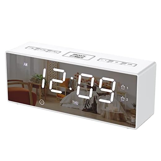 Battery Alarm Clock, Digital Alarm Clock with Temperature & Time & Date Display, 3 Brightness, Dual Alarms, Countdown, Voice Control, Snooze, 12/24 Hr, Mirror Alarm Clock for Bedroom and Travel