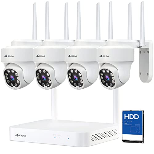 Kittyhok PTZ Wireless Security Camera System | 4pcs Dual Lens 2K Security Camera Wireless Outdoor with 10X Zoom, Auto Tracking, Human Detection, Spotlight | 10CH NVR with 500GB HDD for 24-7 Recording