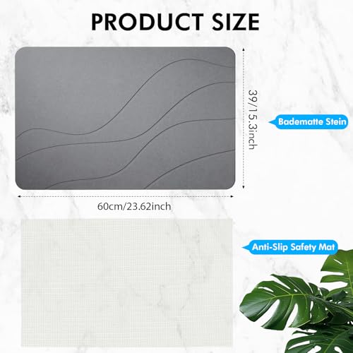 STFALI Stone Bath Mat 39 * 60cm, Badematte Stein, Bathroom Mat, Schnell Trocknend, Kann So In Der Küche Verwendet Werden Kann Halle, Zusammenklappbar für die Lagerung (Graue Wellen)