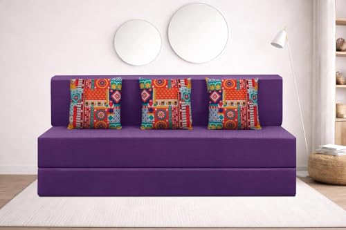 Image of Rosebell Three Seater Foldable Sofa Cum Bed (5x6 Feet) Jute Fabric, Washable Removable Cover, | Space Saving Convertible Sofa Bed for Home, Office & Guests - Purple