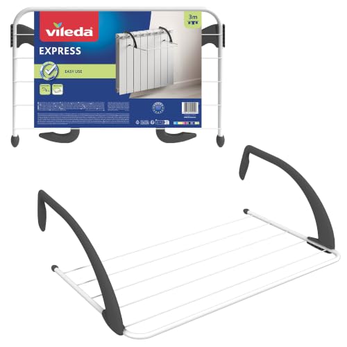 Vileda Express Tendedero Radiador de Acero y Resina | Acero y resina | 3 m de secado | Brazos plegables y ajustables | Color blanco | Dimensiones 52 x 35 x 18 cm