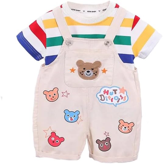 Bold N ElegantCute 3D Bear Funky Cartoon Half Sleeve Kid's T-Shirt with Denim Dungaree Bibshorts for Baby Boy & Girl