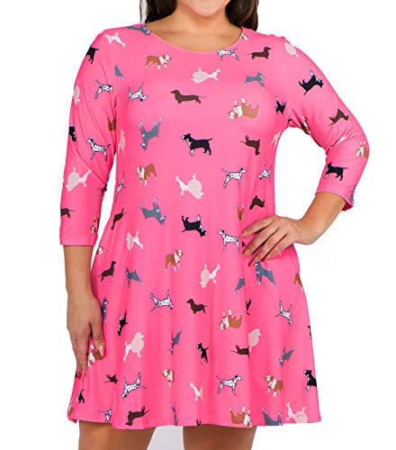Women's Printed Crew Neck A-Line Dresses With Pockets Casual Tropical Floral Novelty Animal Christmas Patterns (3X-Large, Coral Novelty Dog) #TOP3