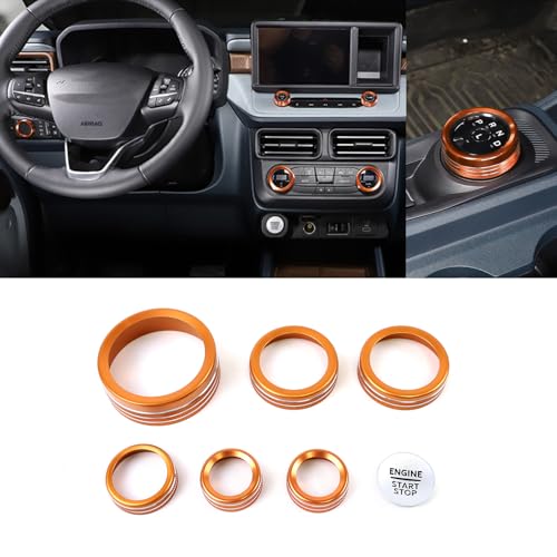 7PCS Knob Trim Cover Fit for 2022-2025 Ford Maverick Accessories Car Auto Interior Center Consoles Gear Shift Knob AC Volume Headlight Knob Ring Cover Trims Engin Start Stop Cover (Orange)