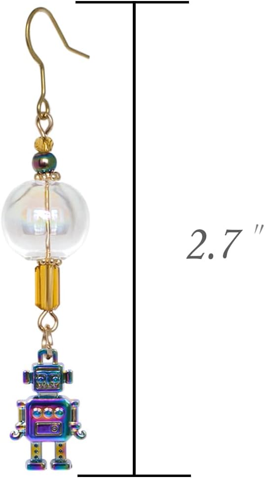 Steampunk Asymmetrical Industrial Robot Mismatched Glass Ball Dangle Earrings for Women Jewelry