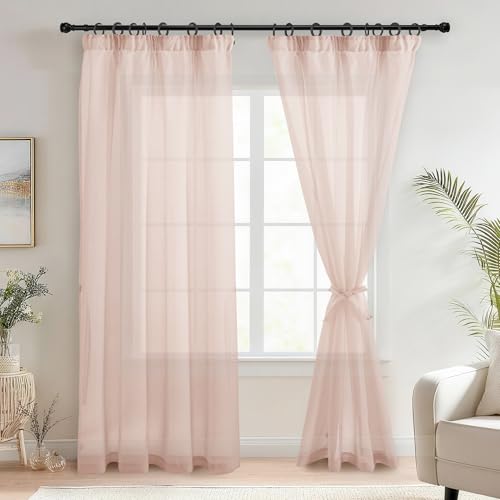 DWCN Voile Vorhänge mit Kräuselband Leinenoptik 2 Stücke Halbtransparent Vorhänge für Wohnzimmer,Durchsichtige Gardinen,Blush Rosa,245x140cm (Höhe x Breite)