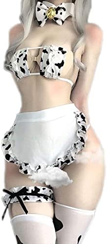 paloli Women's Anime Cow Print Bra and Panty Set with Stockings
