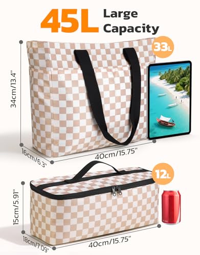 Beach Bag and Cooler Bag Set, 45L Waterproof Beach Tote with Zipper Closure, Foldable Extra Large XXL Family Weekender Bags, with 8 Pockets, Suitable for Pool, Picnic, Shopping, Travel3